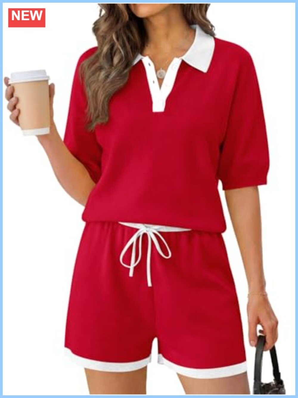 Knit 2 Piece Short Set Half Puff Sleeve Drawstring Waist Summer Vacay Set